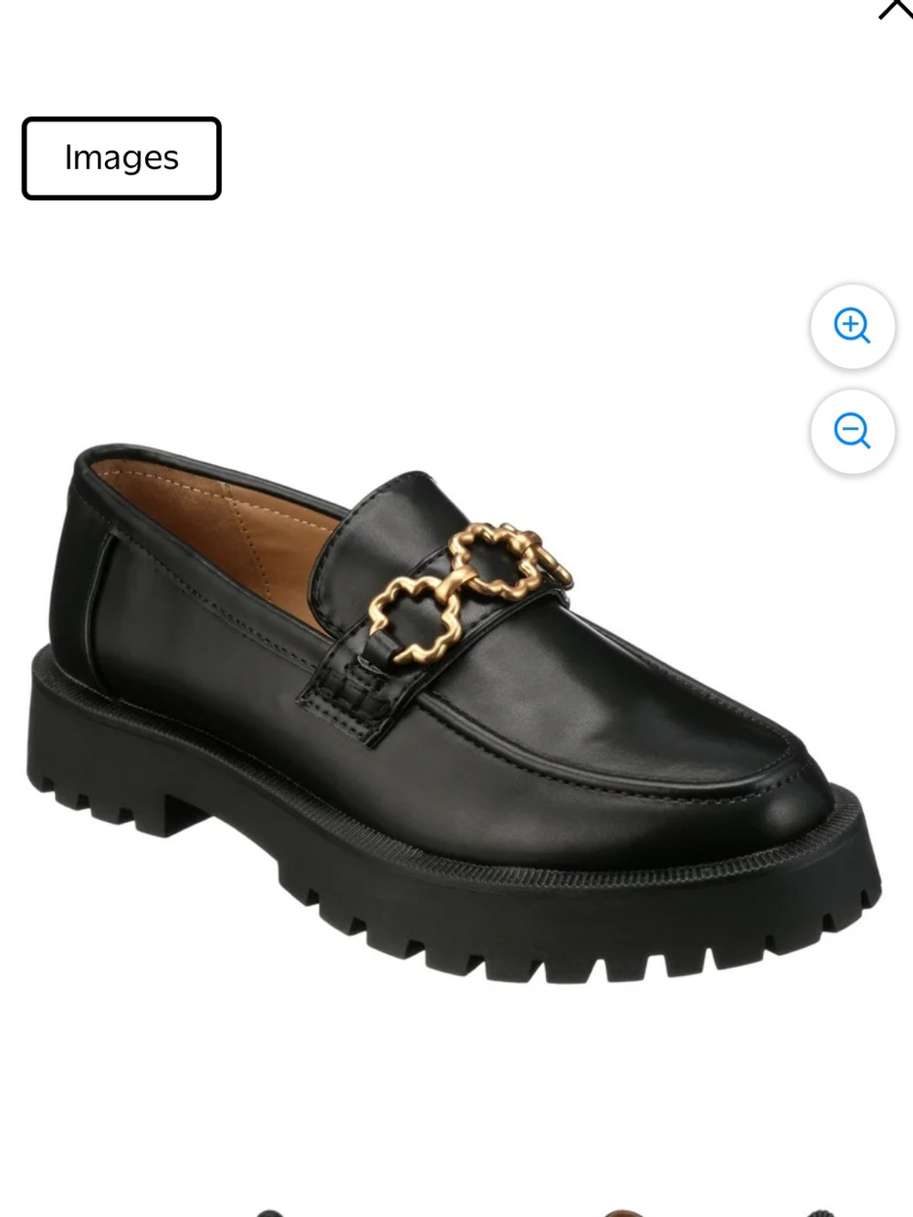 Black Leather Lug Sole Loafer with Gold Chain Accent
